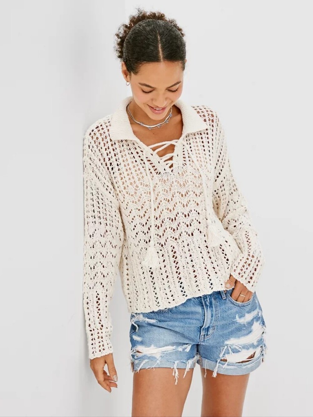 American Eagle AE Crochet Polo Sweater in Cream